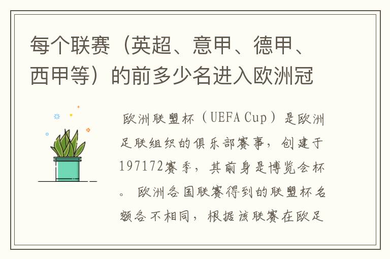 每个联赛（英超、意甲、德甲、西甲等）的前多少名进入欧洲冠军杯？多少名进入欧洲联盟杯？