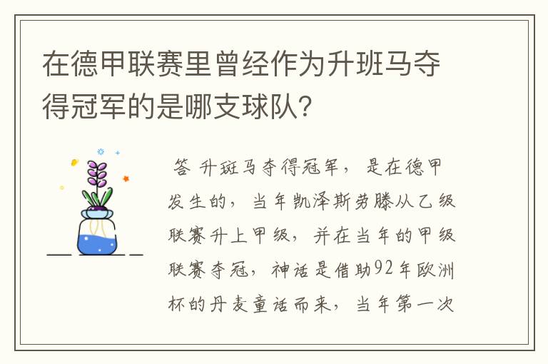 在德甲联赛里曾经作为升班马夺得冠军的是哪支球队？