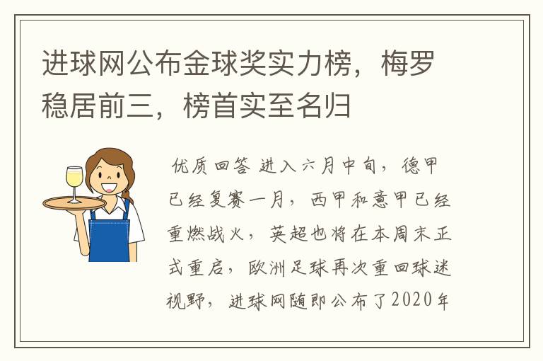 进球网公布金球奖实力榜，梅罗稳居前三，榜首实至名归