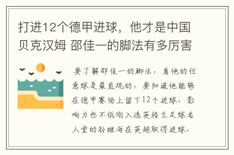 打进12个德甲进球，他才是中国贝克汉姆 邵佳一的脚法有多厉害