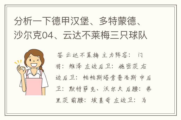 分析一下德甲汉堡、多特蒙德、沙尔克04、云达不莱梅三只球队的人员打法和阵型