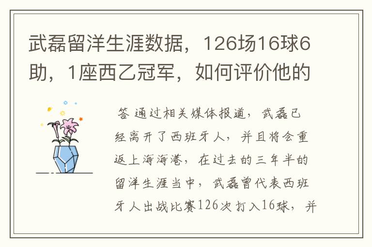 武磊留洋生涯数据，126场16球6助，1座西乙冠军，如何评价他的表现？