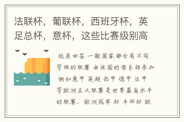 法联杯，葡联杯，西班牙杯，英足总杯，意杯，这些比赛级别高吗？足球比赛级别是怎么划分的？