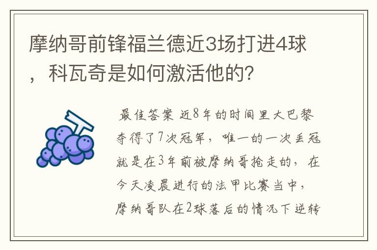 摩纳哥前锋福兰德近3场打进4球，科瓦奇是如何激活他的？