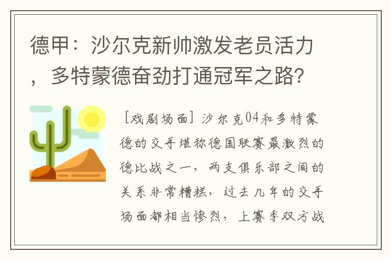 德甲：沙尔克新帅激发老员活力，多特蒙德奋劲打通冠军之路？