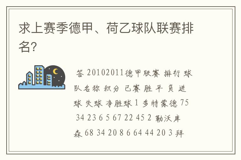 求上赛季德甲、荷乙球队联赛排名？