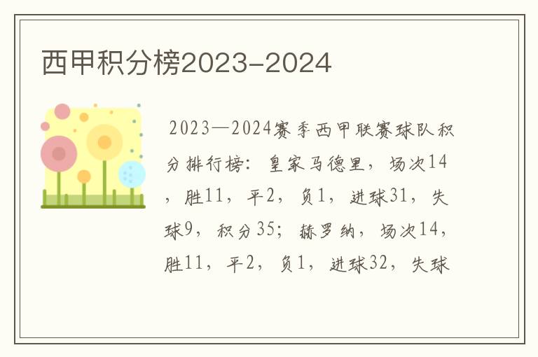 西甲积分榜2023-2024