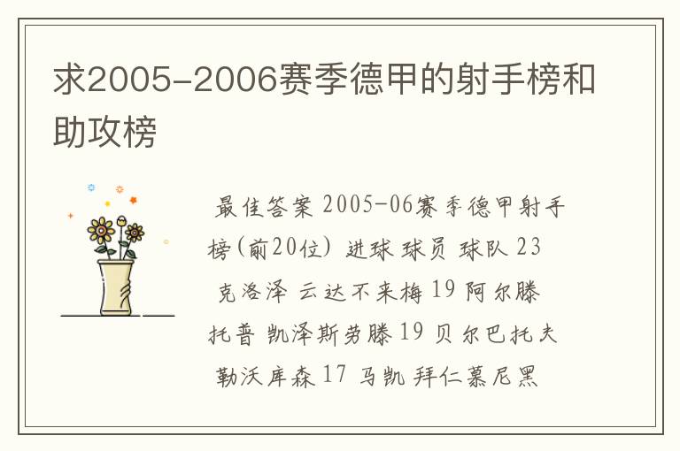 求2005-2006赛季德甲的射手榜和助攻榜