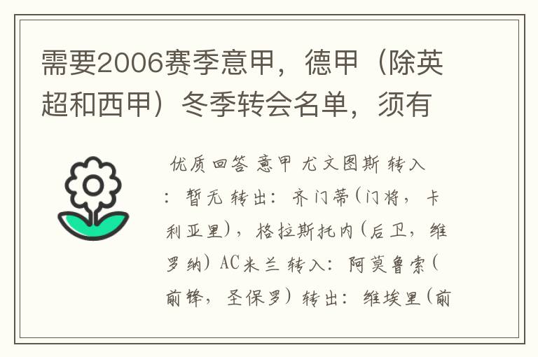 需要2006赛季意甲，德甲（除英超和西甲）冬季转会名单，须有转会方式