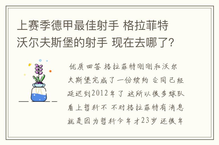 上赛季德甲最佳射手 格拉菲特 沃尔夫斯堡的射手 现在去哪了？