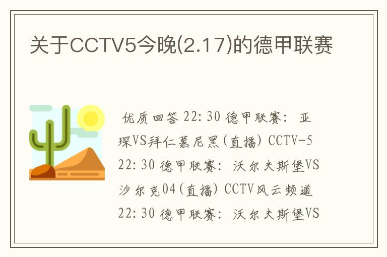 关于CCTV5今晚(2.17)的德甲联赛