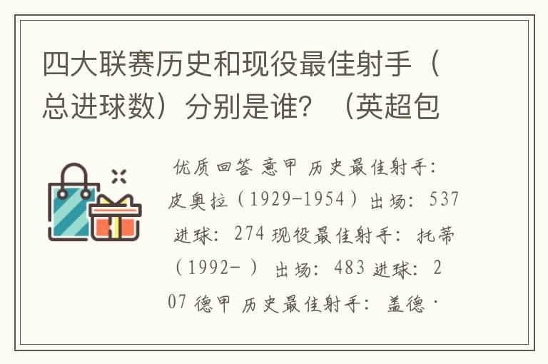 四大联赛历史和现役最佳射手（总进球数）分别是谁？（英超包括英甲）