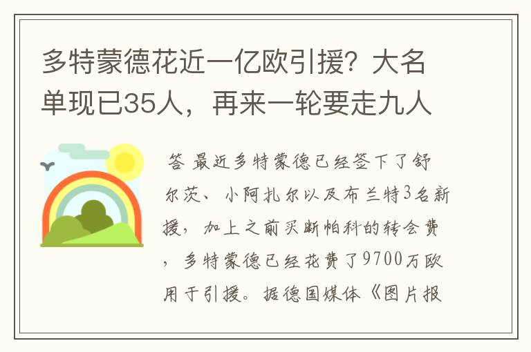 多特蒙德花近一亿欧引援？大名单现已35人，再来一轮要走九人