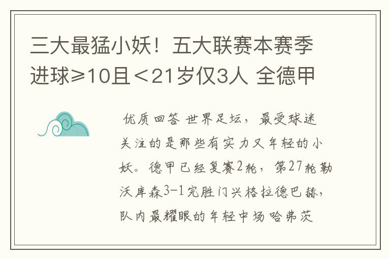 三大最猛小妖!五大联赛本赛季进球≥10且<21岁仅3人 全德甲制造