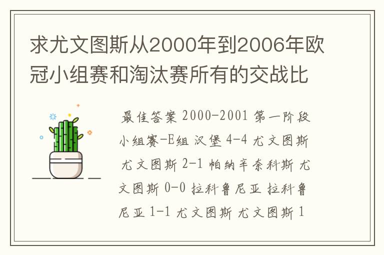 求尤文图斯从2000年到2006年欧冠小组赛和淘汰赛所有的交战比分