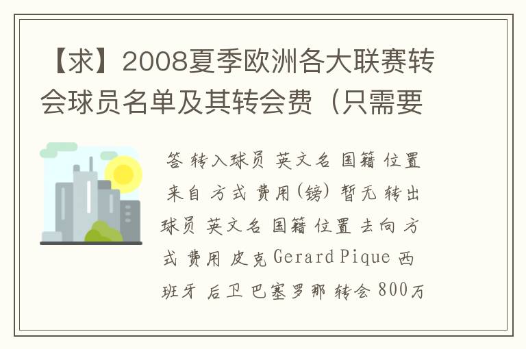 【求】2008夏季欧洲各大联赛转会球员名单及其转会费（只需要知名球星）