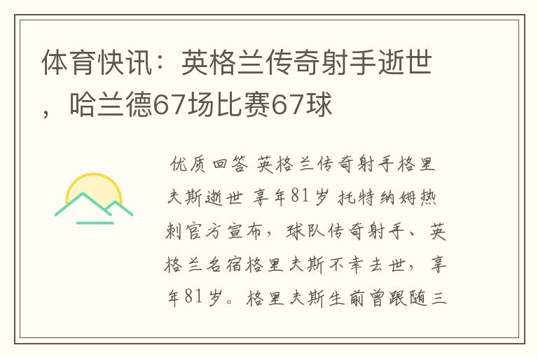 体育快讯：英格兰传奇射手逝世，哈兰德67场比赛67球