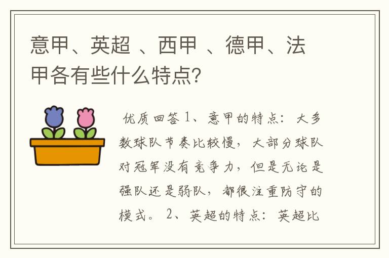 意甲、英超 、西甲 、德甲、法甲各有些什么特点？