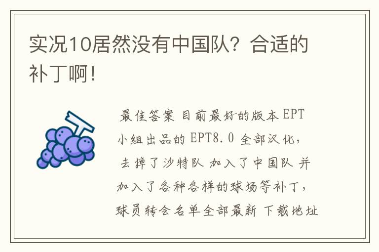 实况10居然没有中国队？合适的补丁啊！