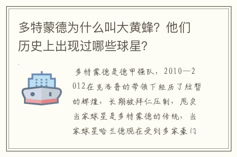 多特蒙德为什么叫大黄蜂？他们历史上出现过哪些球星？