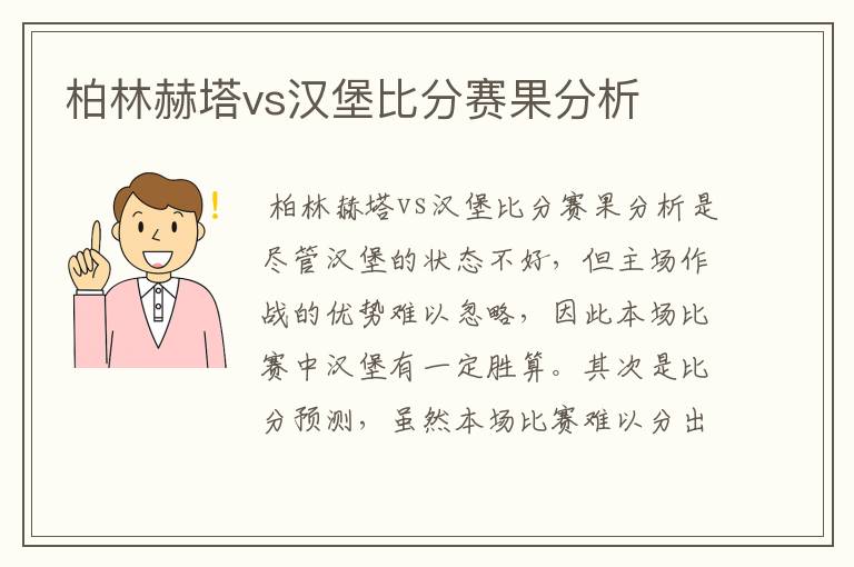 柏林赫塔vs汉堡比分赛果分析