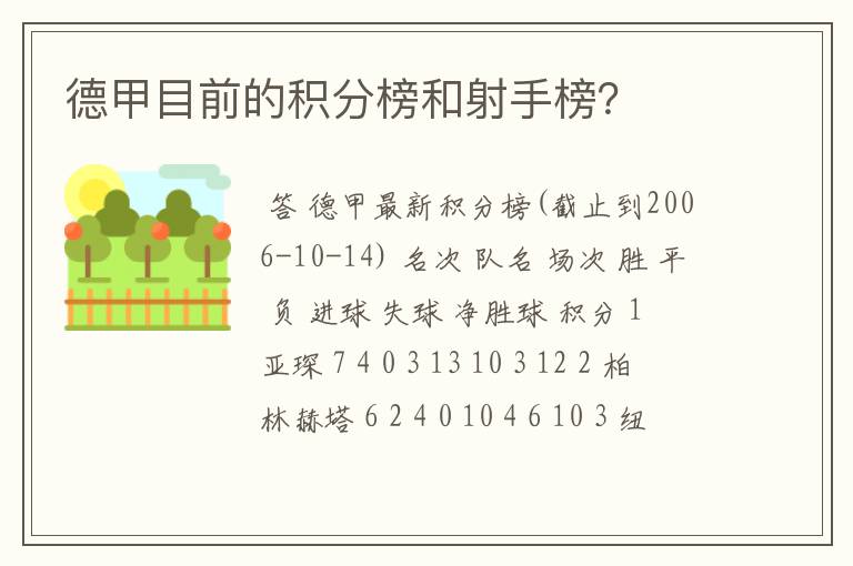 德甲目前的积分榜和射手榜？