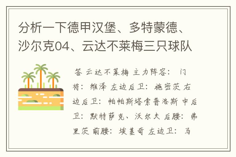 分析一下德甲汉堡、多特蒙德、沙尔克04、云达不莱梅三只球队的人员打法和阵型