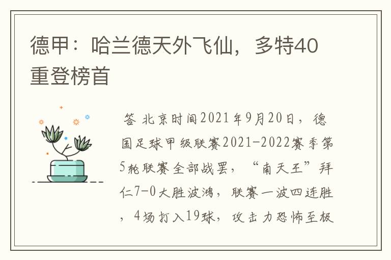 德甲：哈兰德天外飞仙，多特40重登榜首