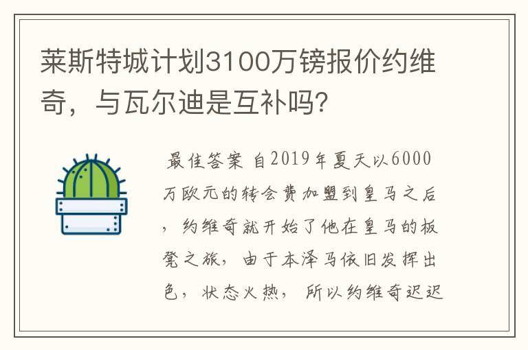 莱斯特城计划3100万镑报价约维奇，与瓦尔迪是互补吗？