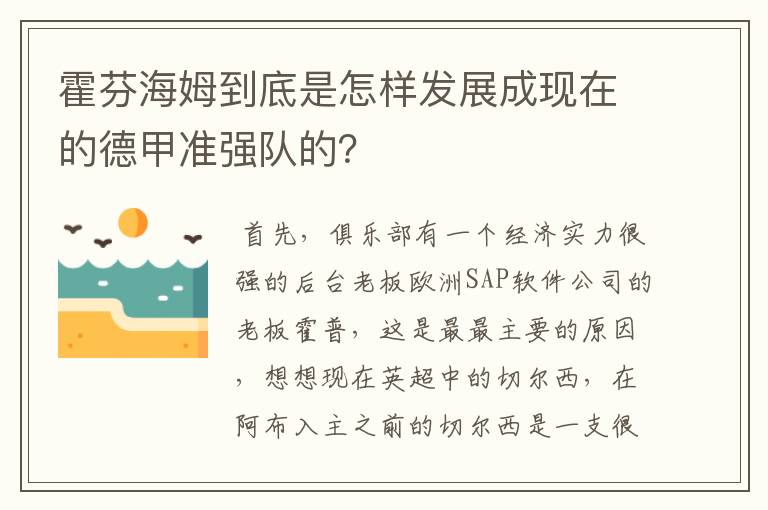 霍芬海姆到底是怎样发展成现在的德甲准强队的？