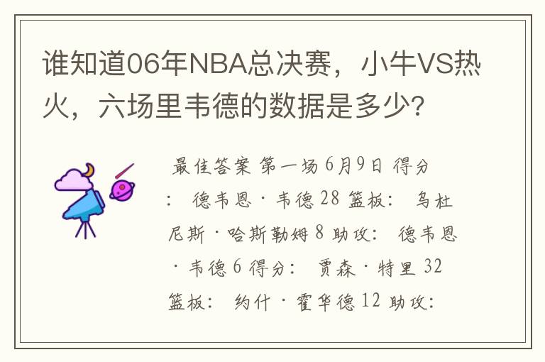 谁知道06年NBA总决赛，小牛VS热火，六场里韦德的数据是多少?