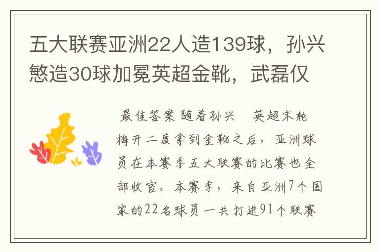 五大联赛亚洲22人造139球，孙兴慜造30球加冕英超金靴，武磊仅1球