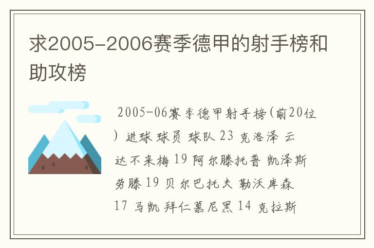 求2005-2006赛季德甲的射手榜和助攻榜