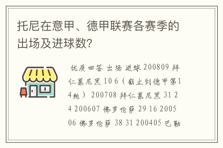 托尼在意甲、德甲联赛各赛季的出场及进球数？