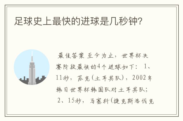 足球史上最快的进球是几秒钟？