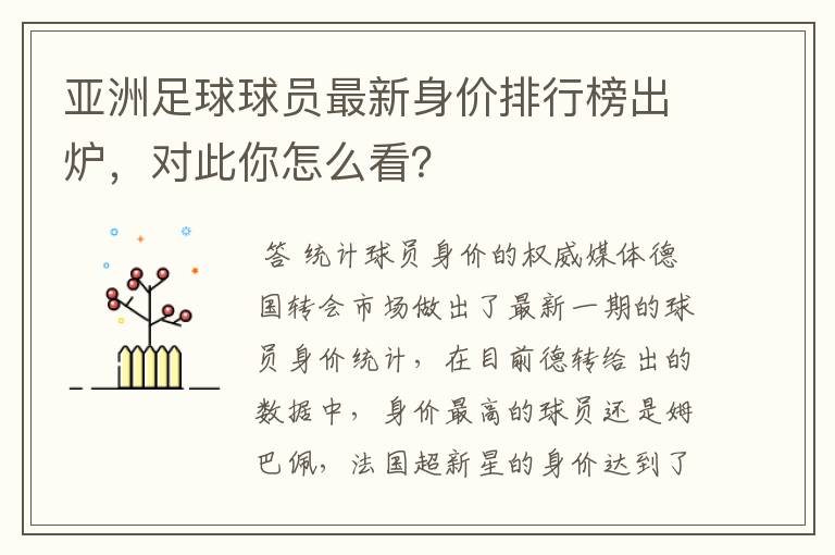 亚洲足球球员最新身价排行榜出炉，对此你怎么看？