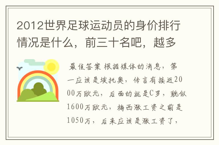 2012世界足球运动员的身价排行情况是什么，前三十名吧，越多越好哦~~