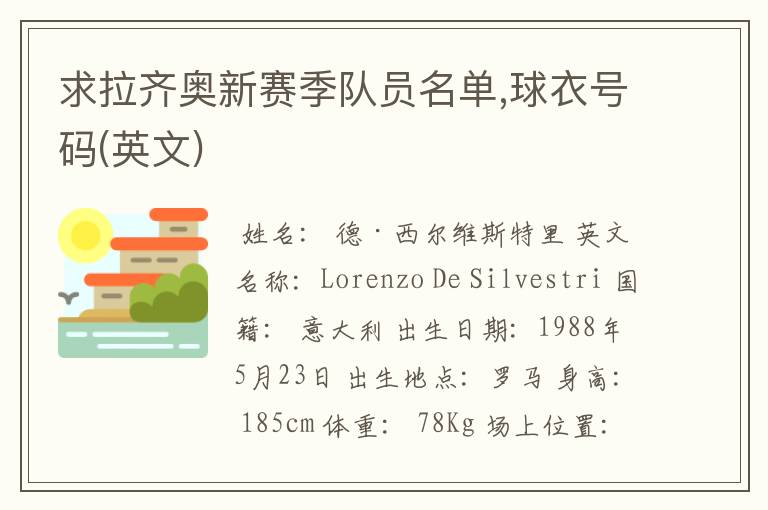 求拉齐奥新赛季队员名单,球衣号码(英文)