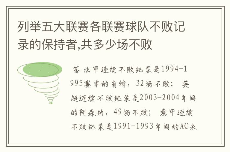 列举五大联赛各联赛球队不败记录的保持者,共多少场不败