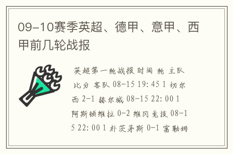 09-10赛季英超、德甲、意甲、西甲前几轮战报