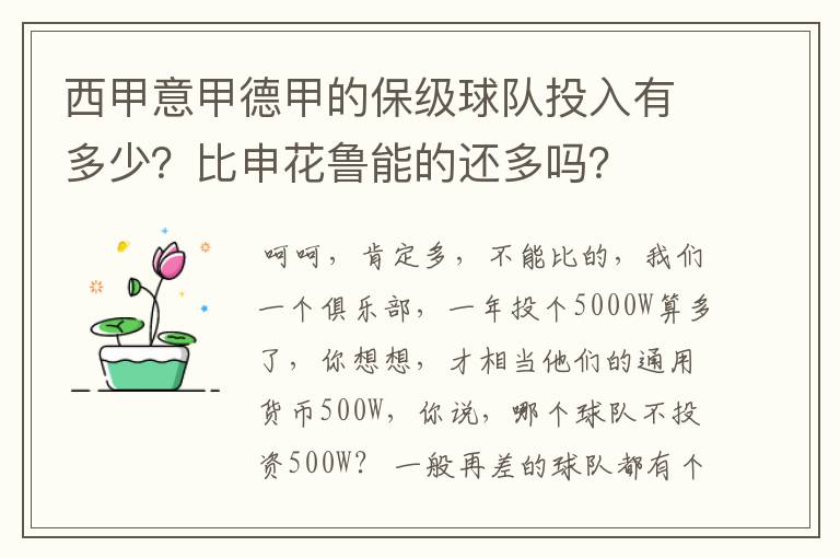 西甲意甲德甲的保级球队投入有多少？比申花鲁能的还多吗？