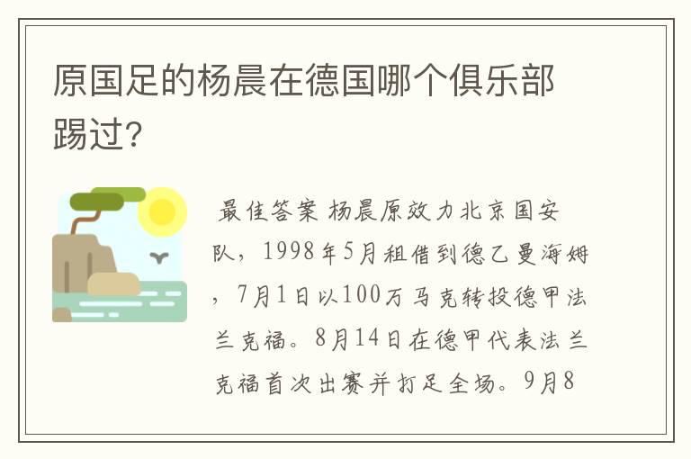 原国足的杨晨在德国哪个俱乐部踢过?