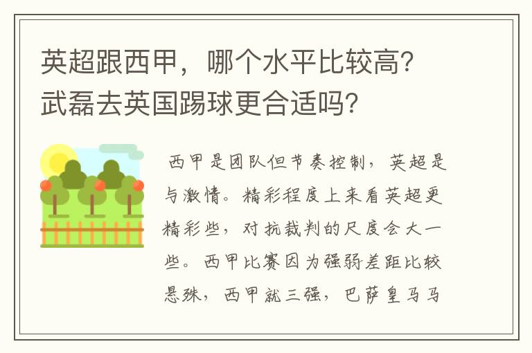 英超跟西甲，哪个水平比较高？武磊去英国踢球更合适吗？