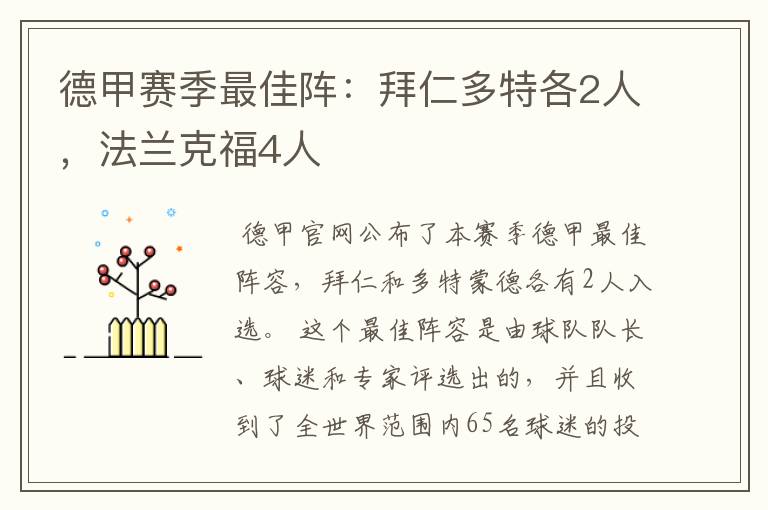 德甲赛季最佳阵：拜仁多特各2人，法兰克福4人