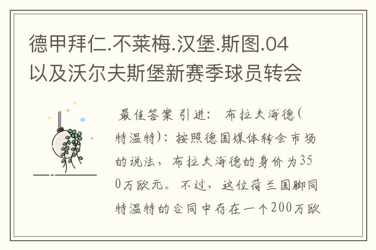 德甲拜仁.不莱梅.汉堡.斯图.04以及沃尔夫斯堡新赛季球员转会一览