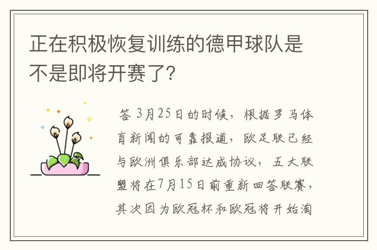 正在积极恢复训练的德甲球队是不是即将开赛了？