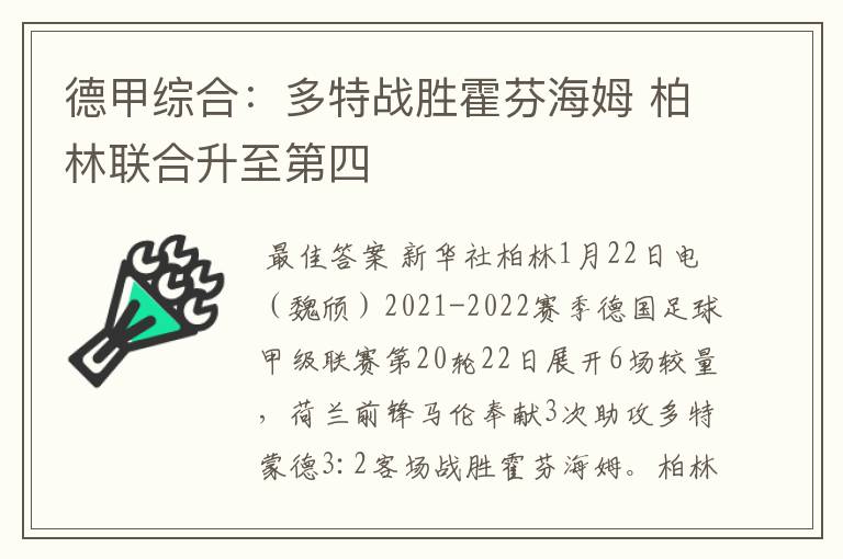 德甲综合：多特战胜霍芬海姆 柏林联合升至第四