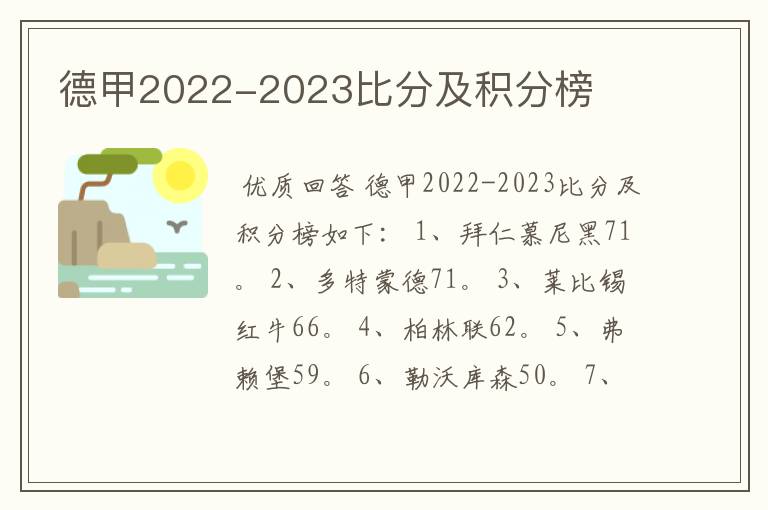 德甲2022-2023比分及积分榜