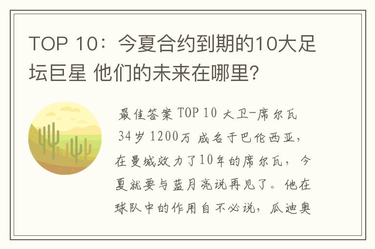 TOP 10：今夏合约到期的10大足坛巨星 他们的未来在哪里？