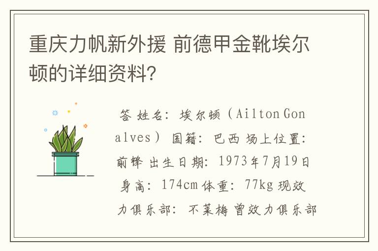 重庆力帆新外援 前德甲金靴埃尔顿的详细资料？